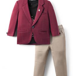 Dapper Dudes Full Sleeves Solid Blazer With Typography Printed Tee & Pant Set - Red-picture-16