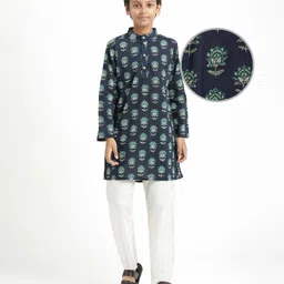 Pine Kids Cotton Woven Full Sleeves Kurta With Floral Print - Navy Blue-picture-15