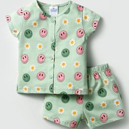First Smile Sinker Knit Half Sleeves Shorts Co-Ord Night Suit with Smiley Print - Mint-image-48