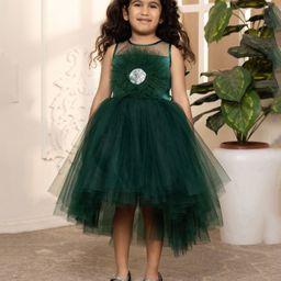 Toy Balloon Kids Net Sleeveless Floral Applique Detailed & Sequins Embellished Layered High Low Dress - Green-image-1