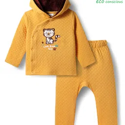 Babyoye Quilted Knit Full Sleeves Hooded T-Shirt & Lounge Pant Set With Animal Embriodery - Mustard-picture-20