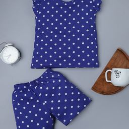 RAINE AND JAINE Cotton Knit Frill Sleeves Polka Dot Printed Tee & Coordinating Shorts Set - Blue-image-86