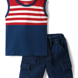 Babyhug Single Jersey Knit Sleeveless Tank T-Shirt & Shorts Set with Stripes- Red & Navy Blue-image-76