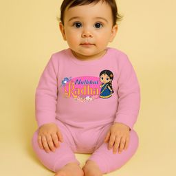 The Peppy Tend 100% Cotton Knit Janmasthami Theme Full Sleeves Natkhat Radha Text Printed Romper - Pink-image-92