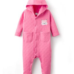 Babyhug Cotton Knit Full Sleeves Footed & Hooded Romper With Animal Embroidery - Pink-picture-35