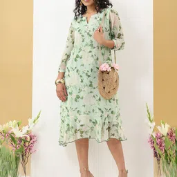 Mustard Women Floral Printed A-Line Midi Dress-image-46