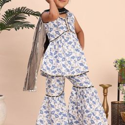 Cutiekins Girls Floral Printed V-Neck Gotta Patti A-Line Kurta With Sharara & Dupatta-picture-19