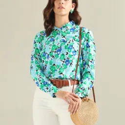 U.S. Polo Assn. Blue & Green Cotton Floral Print Shirt-picture-11