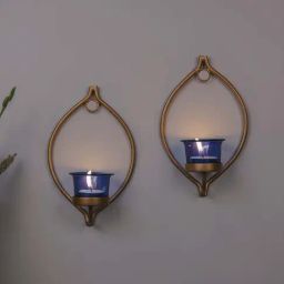 Homesake 'Diwali' Blue & Golden Metal Wall Candle Holder With Tea Light Candle - Set of 2-image-102