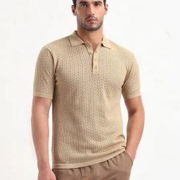 SHOW OFF Beige Cotton Slim Fit Solid Polo T-Shirt-picture-23