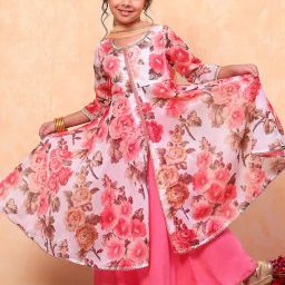 BIBA Girls White & Pink Floral Print Kurta, Plazzos with Dupatta-picture-42