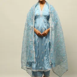 Rangriti Floral Embroidered Sequinned V-Neck A-Line Kurta With Palazzo & Dupatta-image-26