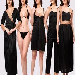 NIGHT KEYS Black Satin Maxi Solid Nightdress-image-63