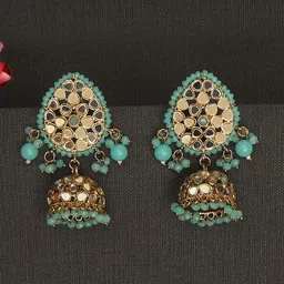 Anouk Blue And Gold-Plated Artificial Stones and Beads Dome Shaped Jhumkas-10
