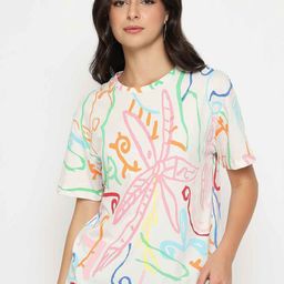 Madame Women Abstract Print Short Sleeves Round Neck Top-3
