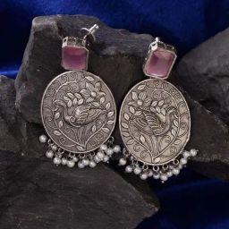 Saraf RS Jewellery Oxidised Pink Stone Studded Earrings-44