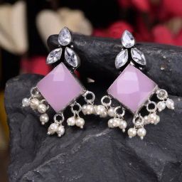 Saraf RS Jewellery Silver Pink stone & Pearl Beaded Earrings-31