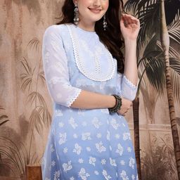 Sangria Printed Thread Work High-Low Kurta with Palazzos-image-51