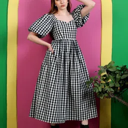Peppinos Women Checked Pure Cotton Fit and Flare Midi Dress-image-63