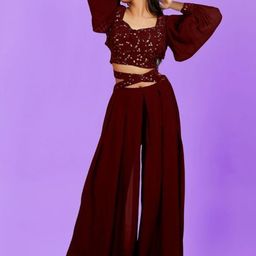 PARROT CREATION Floral Embroidered Poly Georgette V-Neck Crop Top With Palazzos-16