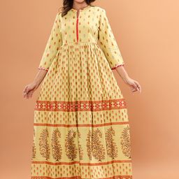 Anootha Floral Printed Pleated Mandarin Collar Pure Cotton Maxi Dress-image-26