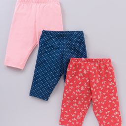 Babyhug Cotton Knit Three Fourth Length Leggings Solid & Floral Printed Pack Of 3 - Multicolour-image-25