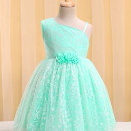 Babyhug Woven Sleeveless Party Frock with Floral Corsage & Glitter Print - Mint-image-35