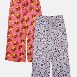 Kiddopanti Pack of 2 Cartoon Animal Face & Bunny Printed Cotton Jersey Pajamas - Coral Pink & Light Blue-image-90