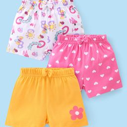 Babyhug Cotton Single Jersey Knit Shorts Butterfly & Heart Print Pack Of 3 - Pink White & Yellow-image-80