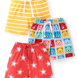 Babyhug Cotton Knit Single Jersey Shorts With Stars & Teddy Bear Print Pack Of 3 - Yellow Blue & Red-image-86