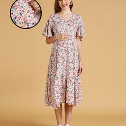 MomToBe Half Sleeves Floral Printed Maternity Dress With Concealed Zipper Nursing Access - Cream-image-49