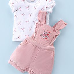 ToffyHouse Cotton Interlock Woven  Dungarees & Half Sleeves Top Floral Print & Embroidery - Nude Peach-image-23