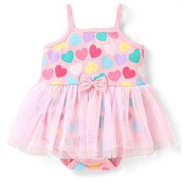 Babyhug 100% Cotton Knit Sleeveless Frock Style Onesie with Bow Applique & Heart Print - Pink-image-32