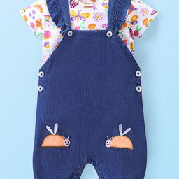 Babyhug Single Jersey Knit Dungaree with Half Sleeves Inner Tee Floral Print &  Bees Embroidery - White & Blue-image-9