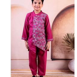 Junitos Boys Pure Cotton Full Sleeves   Floral Printed Kurta Pyjama Set - Pink-image-4