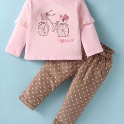 ToffyHouse 100% Cotton Knit Full Sleeves T-Shirt & Joggers Set with Bicycle & Polka Dots Print - Pink-image-97