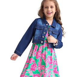 Hola Bonita Cotton Knit Floral Printed Frock With Full Sleeves Solid Denim Jacket - Pink-25