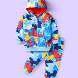 Babyhug Terry Knit Full Sleeves Abstract PrintedHooded Sweatjacket & Joggers Set with Kangaroo Pockets - Blue Yellow & Red-image-50