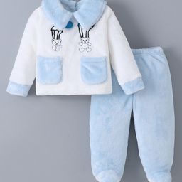 Kookie Kids Full Sleeves Fur Winter Wear Collared T-Shirt & Footed Lounge Pant withBear Embroidery - Light Blue-image-83