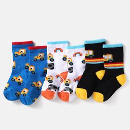 Cute Walk by Babyhug Knit Ankle Length Socks With Vehicle Design Pack of 3 - Black White & Blue-image-93
