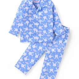 Babyhug Cotton Woven Full Sleeves Front Open Night Suit With Bunnies Print - Blue-image-76