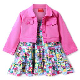 Babyhug Cotton Knit Full Sleeveless Floral Printed Frock & Full Sleeves Solid Color Jacket - Pink-image-100