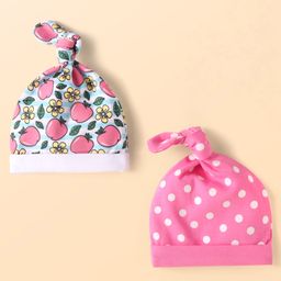 Babyhug Interlock Knit Caps with Floral Print & Polka Dots Pack of 2 - Pink & White-16