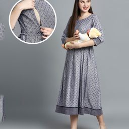 Dummy Shape Three Fourth Sleeves Abstract Printed Maternity Flared Kurta With Attached Floral Embroidered Belt & Concealed Zipper Nursing Access - Grey-image-33