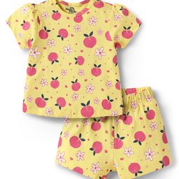 Doodle Poodle 100% Cotton Knit Half Sleeves Co-ords Shorts Night Suit with Fruits Print - Lemon Yellow-image-35