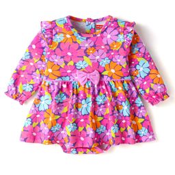 Babyhug Interlock Knit Full Sleeves Frock Style Onesie With Floral Print & Bow Applique - Fuchsia-image-19