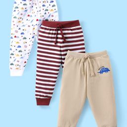 Babyhug Single Jersey Knit Full Length Lounge Pants with Dino Print & Stripes Pack of 3 - White & Tan-image-59