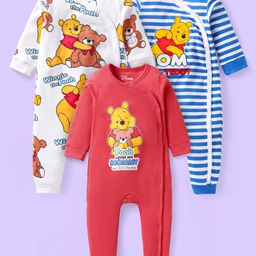 Babyhug Interlock Knit Full Sleeves Front Open Rompers with Winnie the Pooh Graphics & Stripes Pack of 3 - Red White & Blue-image-1