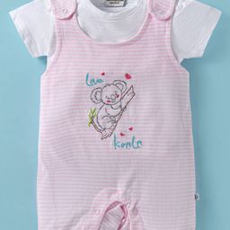 Wonderchild Koala Embroidered Romper With Half Sleeves Striped Top - Pink & White-image-47