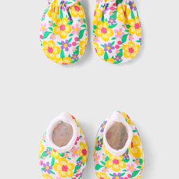 Babyhug 100% Cotton Knit Mittens & Booties with Floral Print - Yellow White-image-55